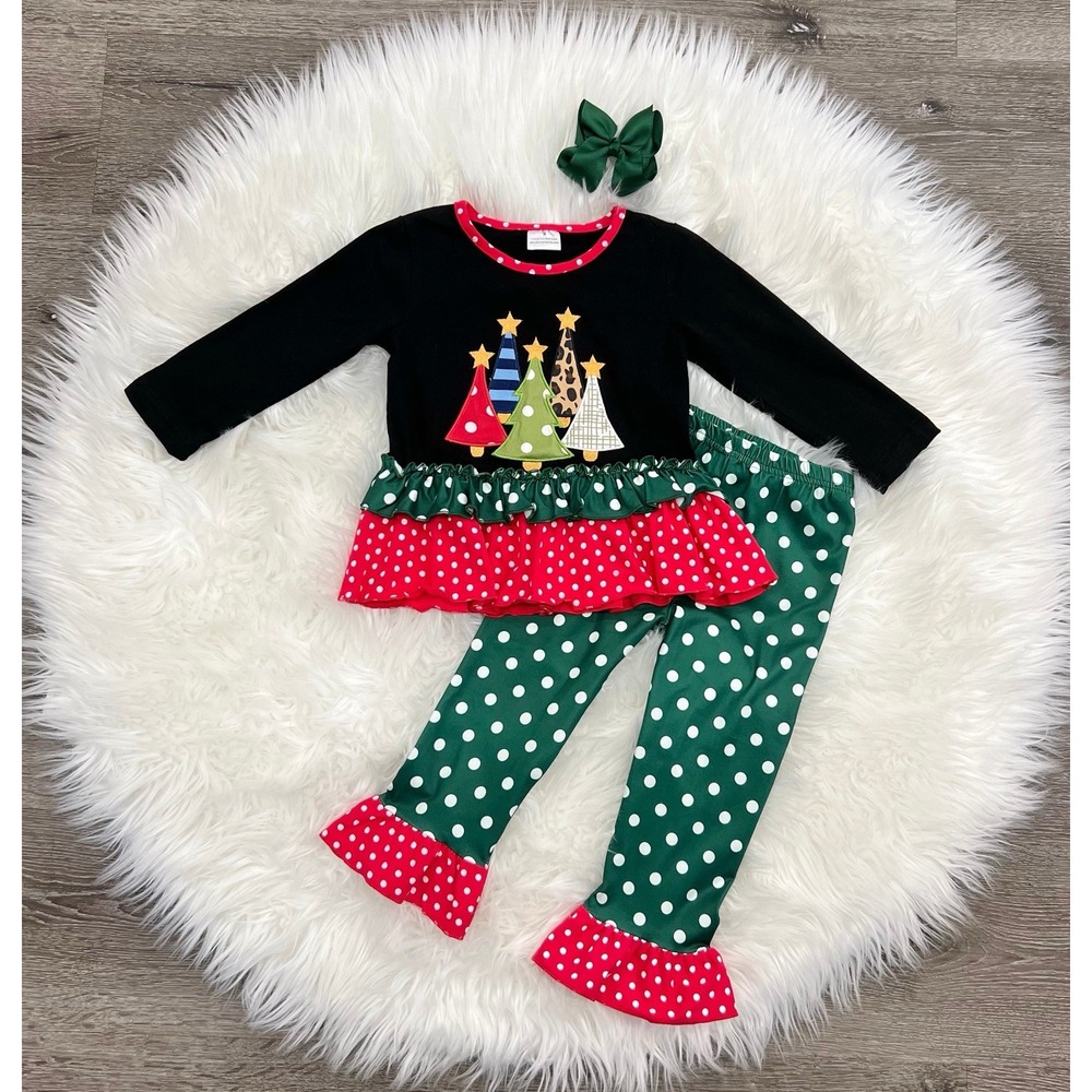 Boutique Girls Holiday Trees Ruffles 2pc Outfit 2T‎ NEW